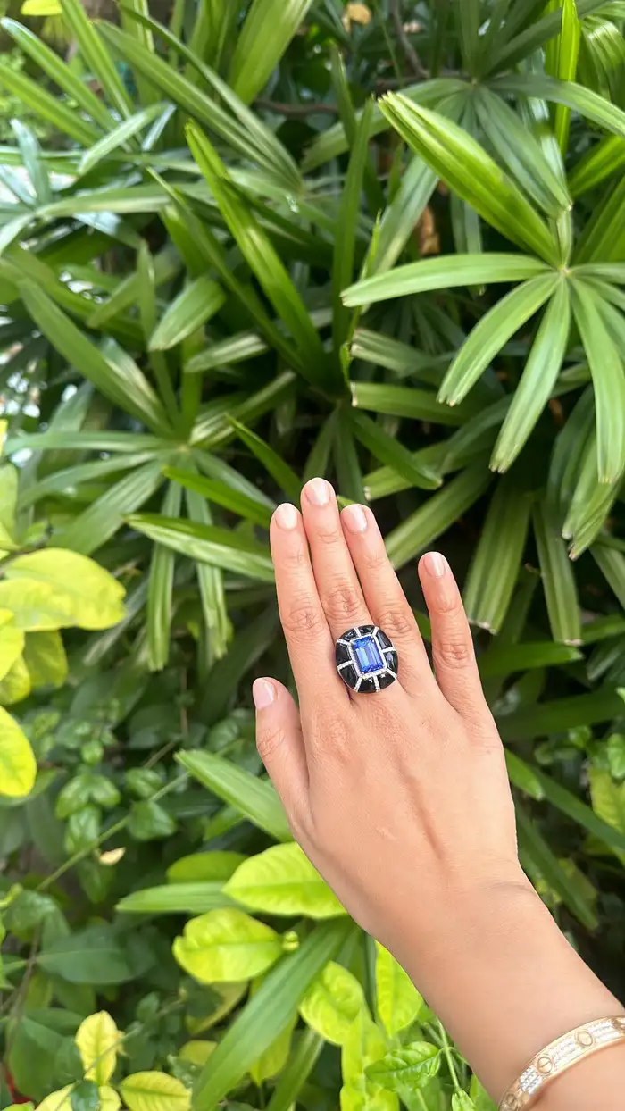 Natural Tanzanite & Black Onyx Gemstone Ring - 18k White Gold Handmade Ring - Pave Diamonds Ring