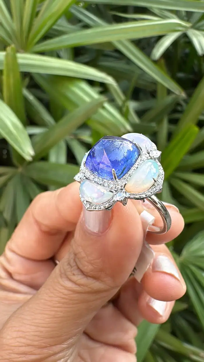 Ethiopian Opal & Tanzanite Gemstone Ring - 18k White Gold Diamond Cocktail Ring