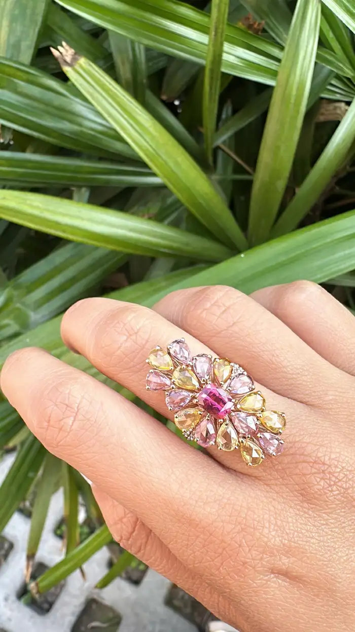 18k Rose Gold Diamond Cluster Ring - Natural Tourmaline & Multi Sapphire Cocktail Ring