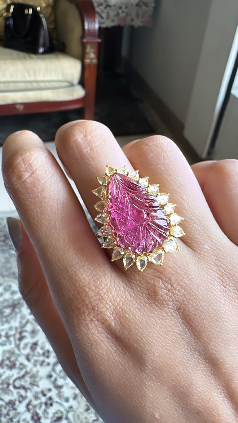 14.56 carats, carved natural Tourmaline & Yellow Rose Cut Diamonds Cocktail Ring