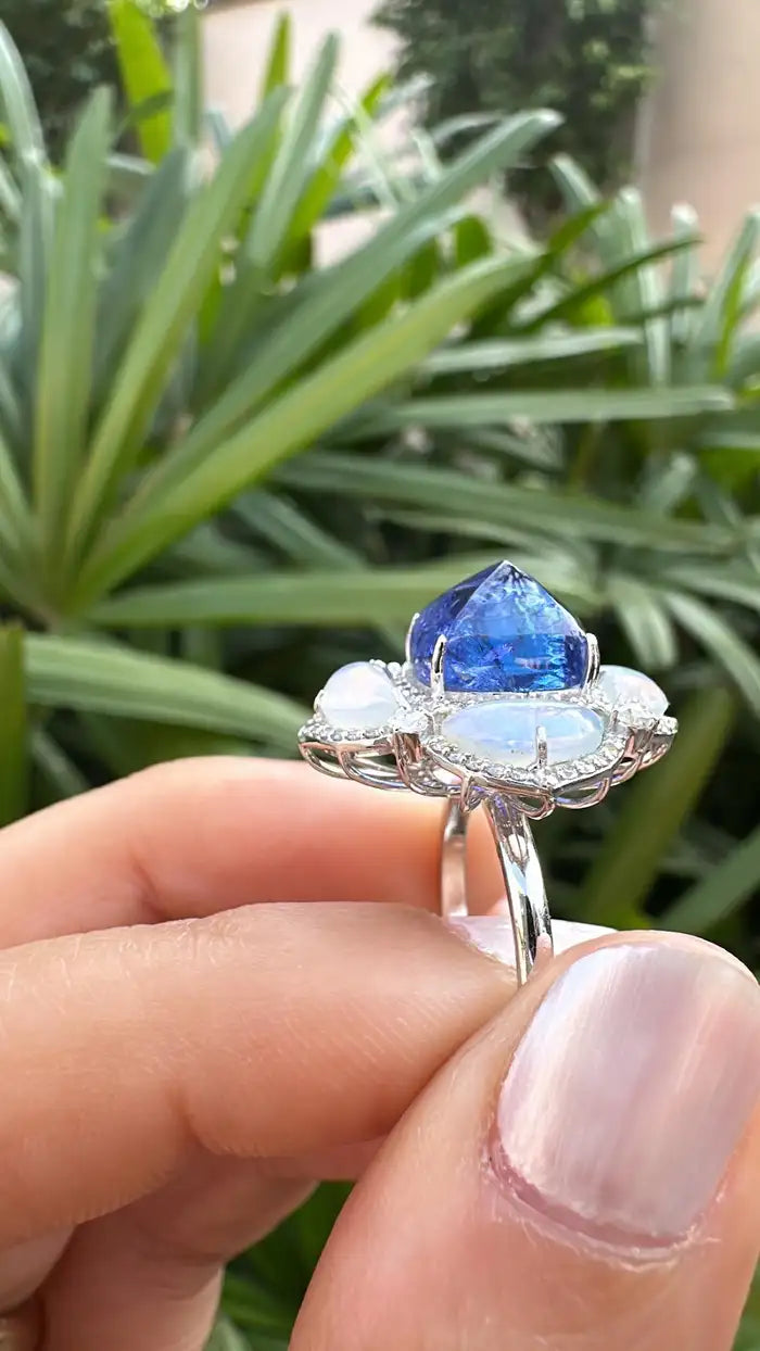 Ethiopian Opal & Tanzanite Gemstone Ring - 18k White Gold Diamond Cocktail Ring