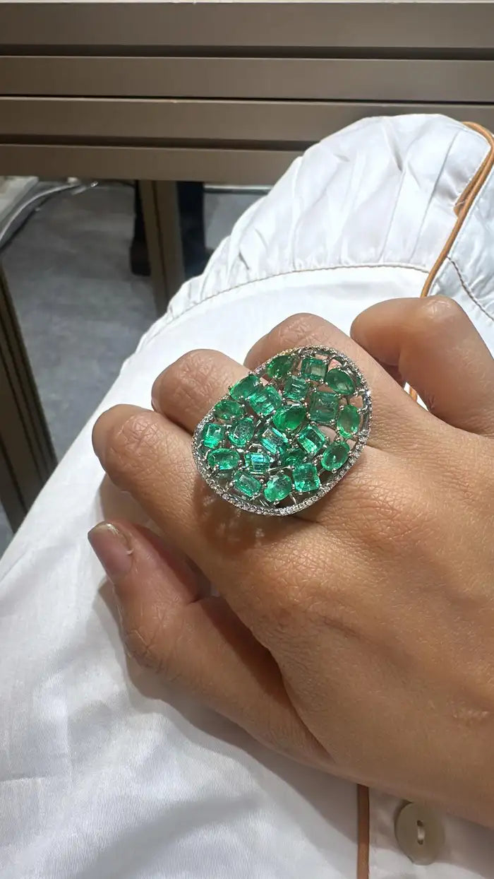 18k White Gold Handmade Statement Ring - Natural Zambian Emerald & Diamond Wedding Ring