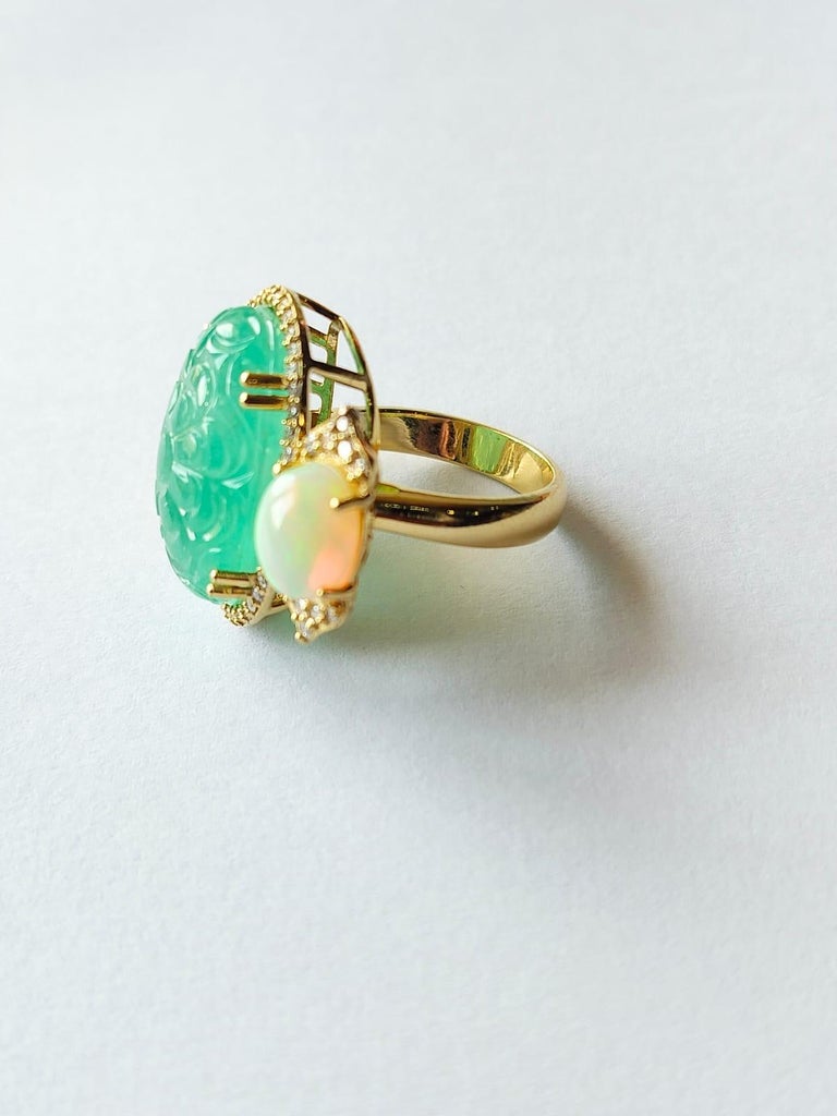 18K Gold 18.22 carat carved Russian Emerald, Opal & Diamond Cocktail Ring