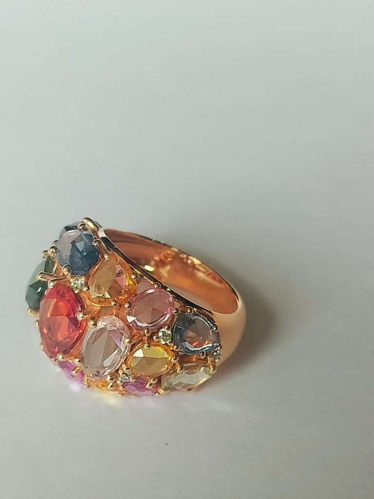 18K Yellow Gold, 10.16 carats Multi Sapphires & Diamond Cocktail Ring