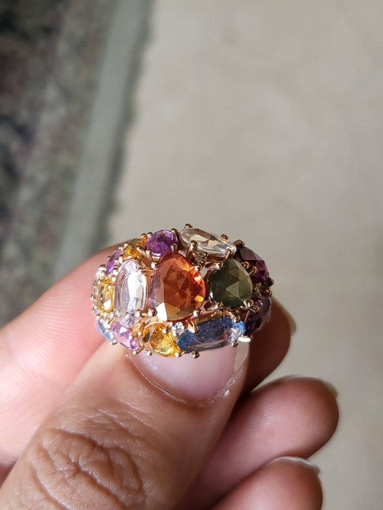 18K Yellow Gold, 10.16 carats Multi Sapphires & Diamond Cocktail Ring