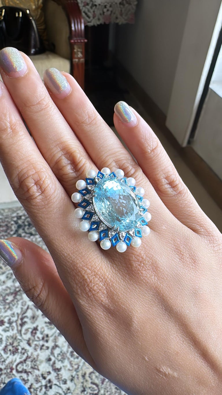 26.13 carats Aquamarine, Blue Enamel, Pearls & Diamonds Cocktail Ring