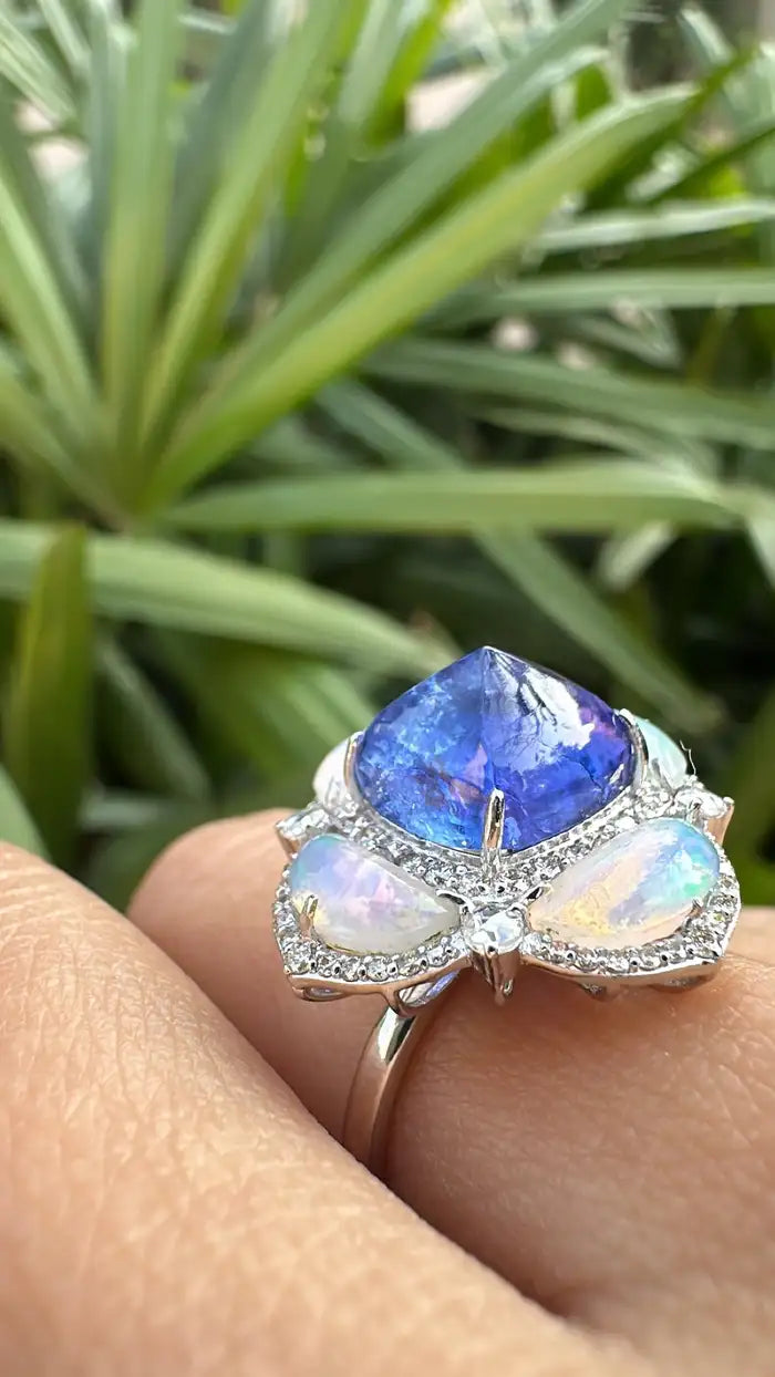 Ethiopian Opal & Tanzanite Gemstone Ring - 18k White Gold Diamond Cocktail Ring