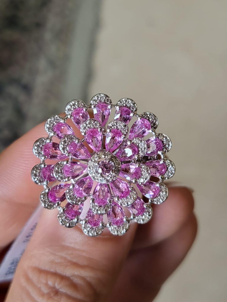 Set in 18K White Gold, 5.82 carats, Pink Sapphires & Diamonds Cocktail Ring
