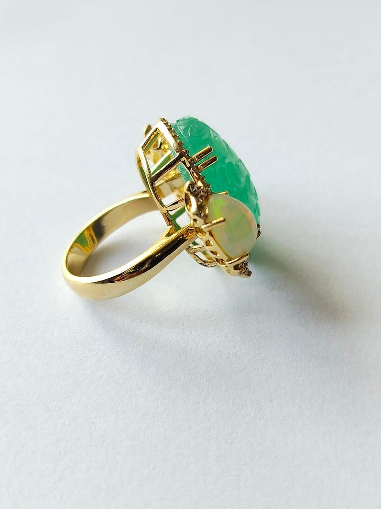 18K Gold 18.22 carat carved Russian Emerald, Opal & Diamond Cocktail Ring