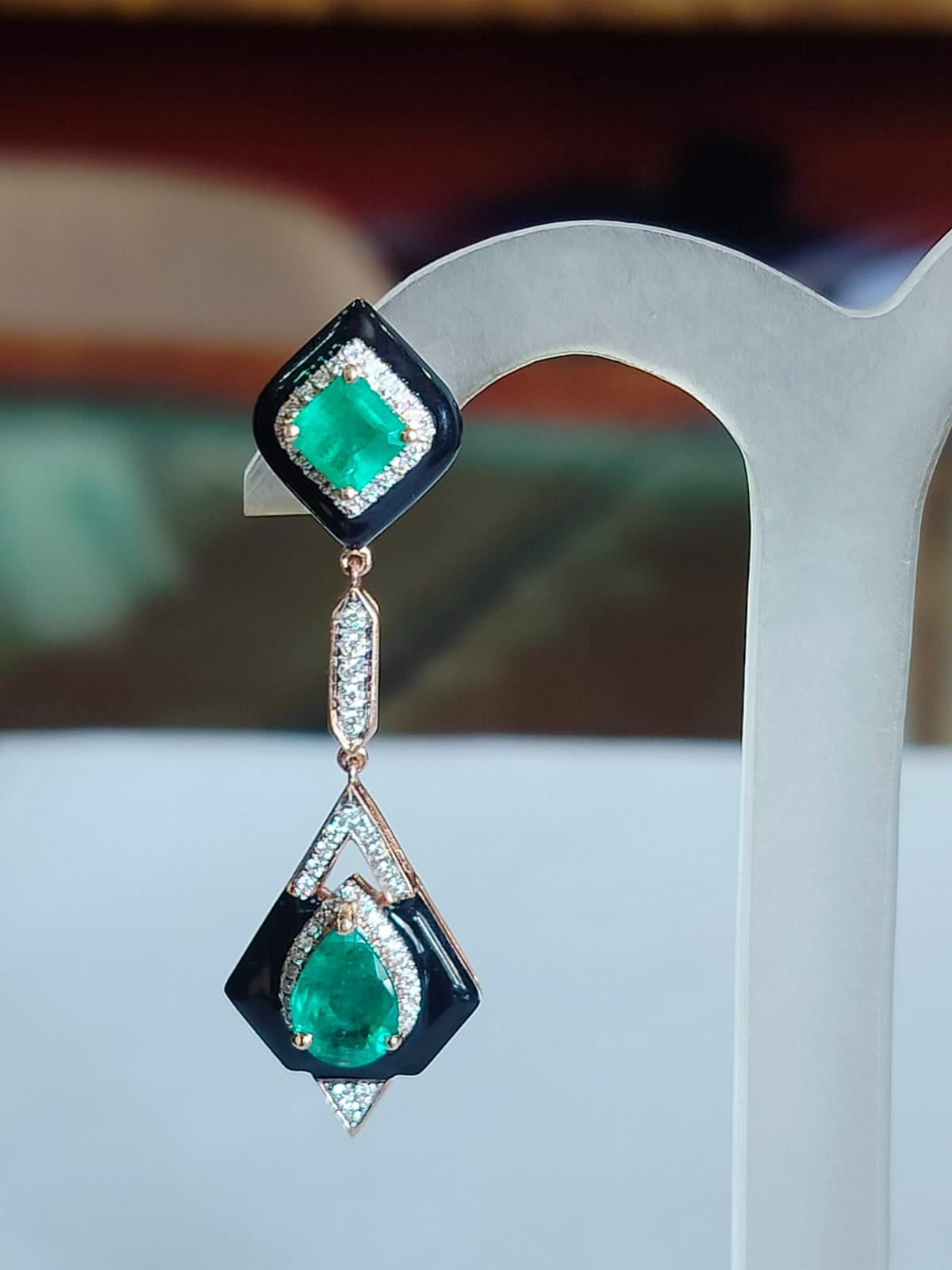 Emerald Diamond & Enamel Dangle Earrings