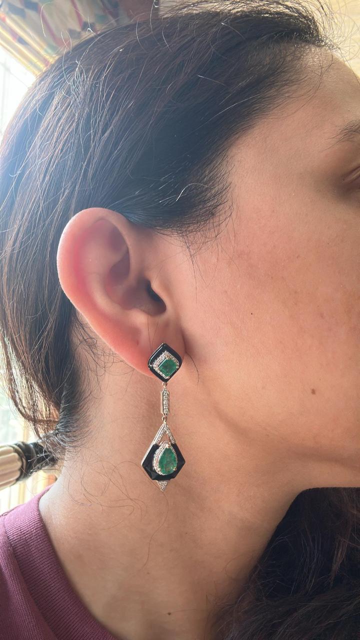 Emerald Diamond & Enamel Dangle Earrings