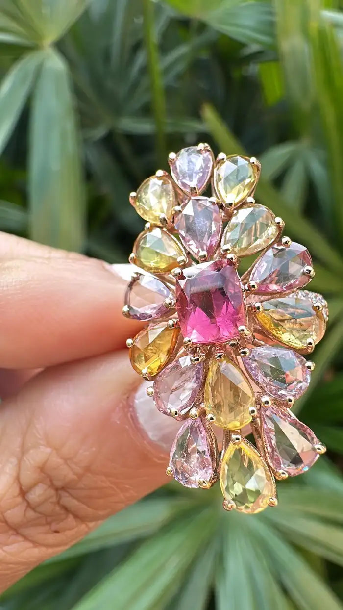 18k Rose Gold Diamond Cluster Ring - Natural Tourmaline & Multi Sapphire Cocktail Ring