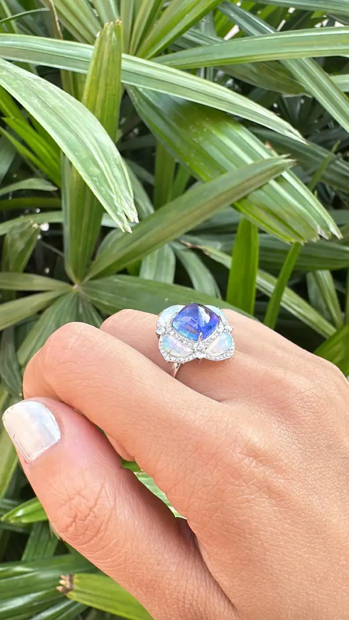 Ethiopian Opal & Tanzanite Gemstone Ring - 18k White Gold Diamond Cocktail Ring