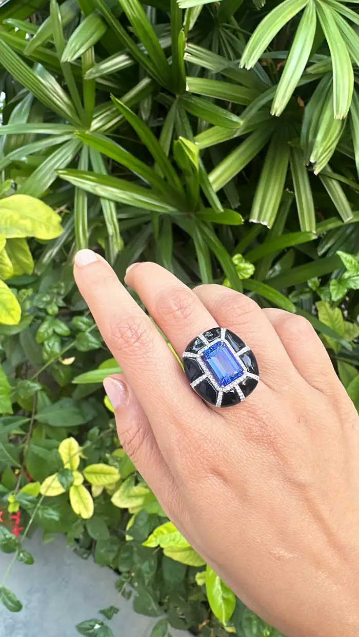 Natural Tanzanite & Black Onyx Gemstone Ring - 18k White Gold Handmade Ring - Pave Diamonds Ring