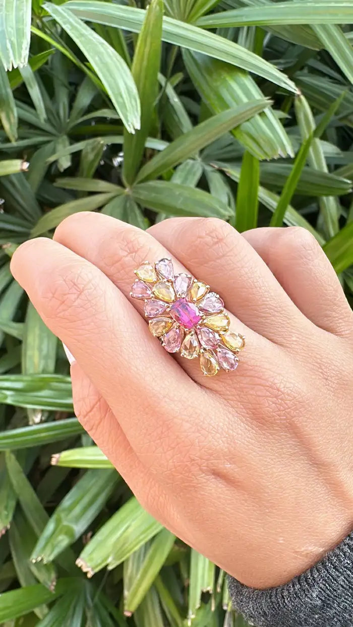 18k Rose Gold Diamond Cluster Ring - Natural Tourmaline & Multi Sapphire Cocktail Ring