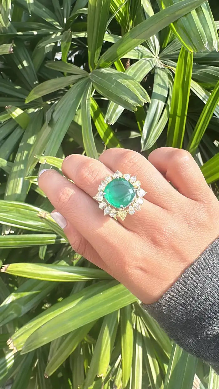 12.60 Cushion Shape Zambian Emerald Ring - 18k Yellow Gold Wedding Ring With Yellow Diamonds