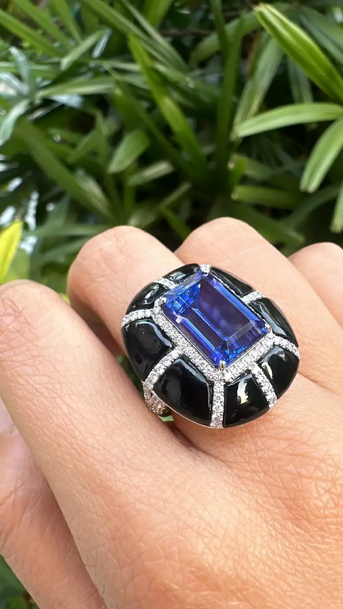 Natural Tanzanite & Black Onyx Gemstone Ring - 18k White Gold Handmade Ring - Pave Diamonds Ring