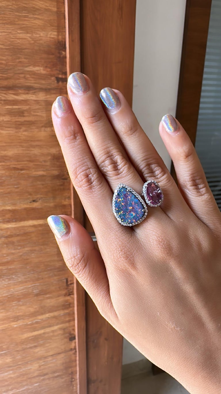 7.19 Carats, Australian Doublet Opal, Pink Sapphire & Diamonds Cocktail Ring