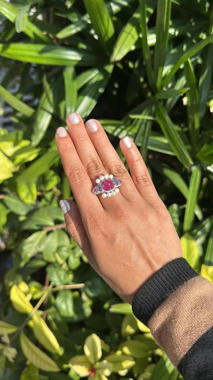 Natural Tourmaline & Multi Sapphire Ring - 18k White Gold Diamond Ring - Fresh Water Pearl Ring