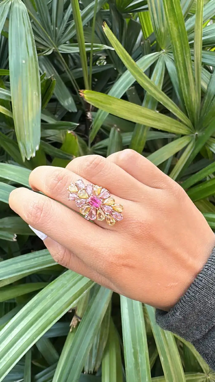 18k Rose Gold Diamond Cluster Ring - Natural Tourmaline & Multi Sapphire Cocktail Ring