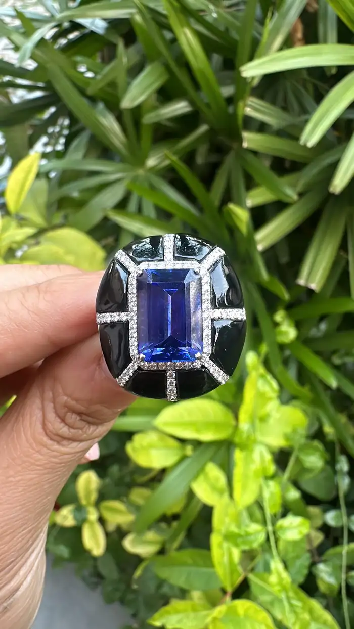 Natural Tanzanite & Black Onyx Gemstone Ring - 18k White Gold Handmade Ring - Pave Diamonds Ring