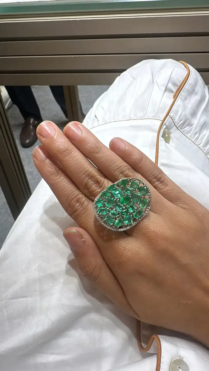 18k White Gold Handmade Statement Ring - Natural Zambian Emerald & Diamond Wedding Ring