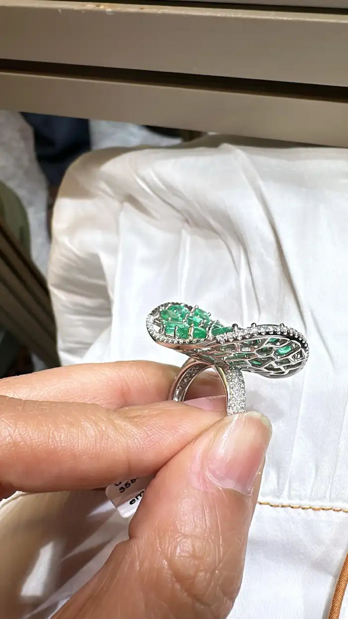 18k White Gold Handmade Statement Ring - Natural Zambian Emerald & Diamond Wedding Ring