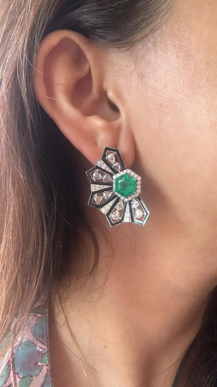 Natural Zambian Emerald Stud Earrings - 18k White Gold Diamond Earrings - Black Enamel & Diamond Earrings