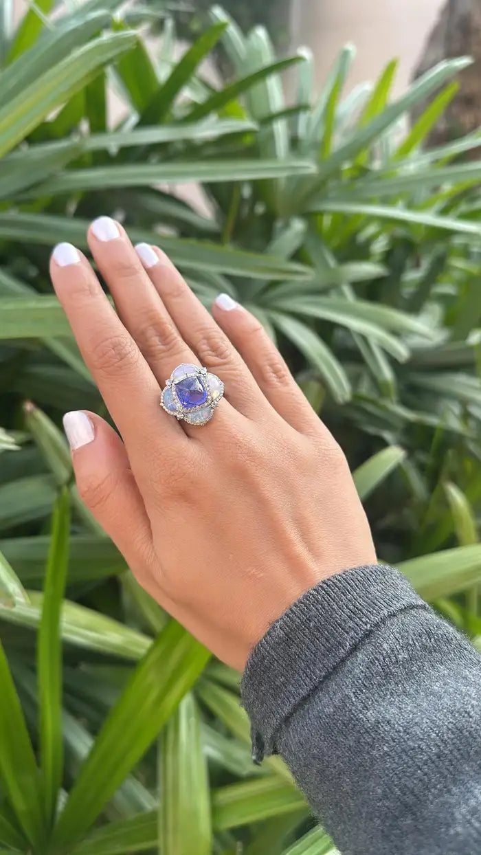 Ethiopian Opal & Tanzanite Gemstone Ring - 18k White Gold Diamond Cocktail Ring