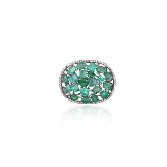 18k White Gold Handmade Statement Ring - Natural Zambian Emerald & Diamond Wedding Ring