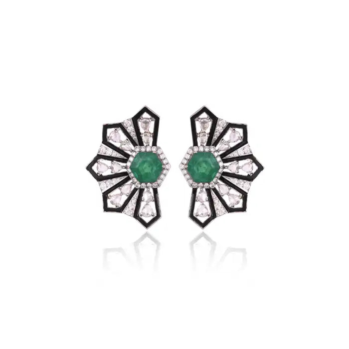 Natural Zambian Emerald Stud Earrings - 18k White Gold Diamond Earrings - Black Enamel & Diamond Earrings