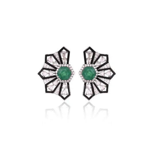 Natural Zambian Emerald Stud Earrings - 18k White Gold Diamond Earrings - Black Enamel & Diamond Earrings