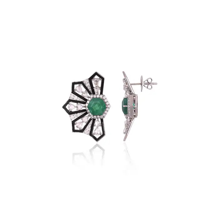 Natural Zambian Emerald Stud Earrings - 18k White Gold Diamond Earrings - Black Enamel & Diamond Earrings