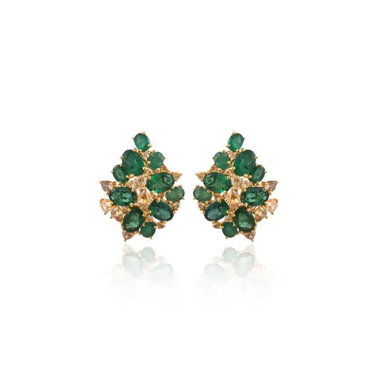 18k Yellow Gold Diamond Stud Earrings - Natural 6.05 Ct. Zambian Emerald Women Jewelry