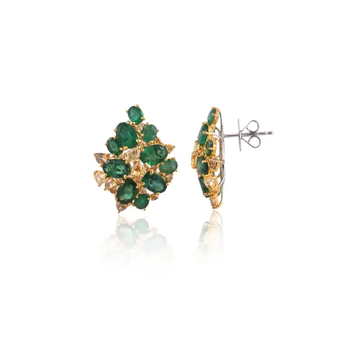 18k Yellow Gold Diamond Stud Earrings - Natural 6.05 Ct. Zambian Emerald Women Jewelry