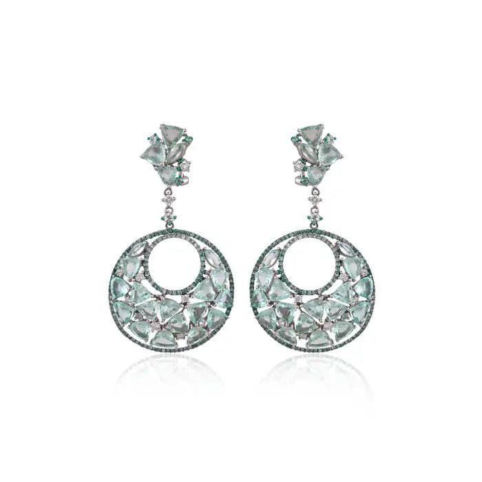 14.15 Ct. Paraiba Tourmaline & Diamonds Chandelier Earrings - 18k White Gold Handmade Dangle Earrings