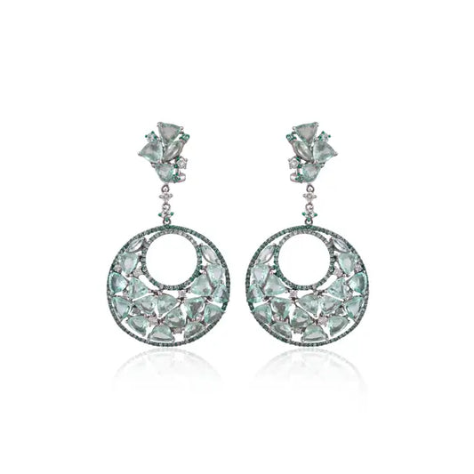 14.15 Ct. Paraiba Tourmaline & Diamonds Chandelier Earrings - 18k White Gold Handmade Dangle Earrings