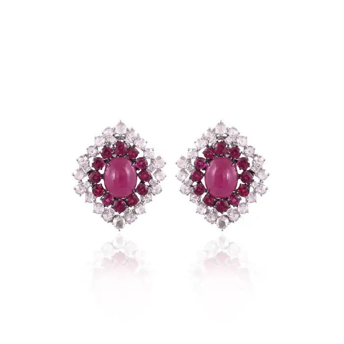 13.87 Ct. Mozambique Ruby & Rose Cut Diamonds Stud Earrings - 18k White Gold Handmade Stud Earrings