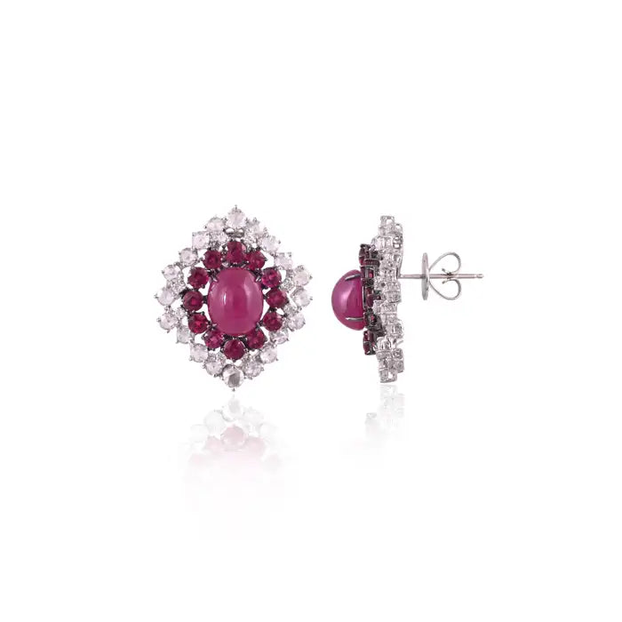 13.87 Ct. Mozambique Ruby & Rose Cut Diamonds Stud Earrings - 18k White Gold Handmade Stud Earrings