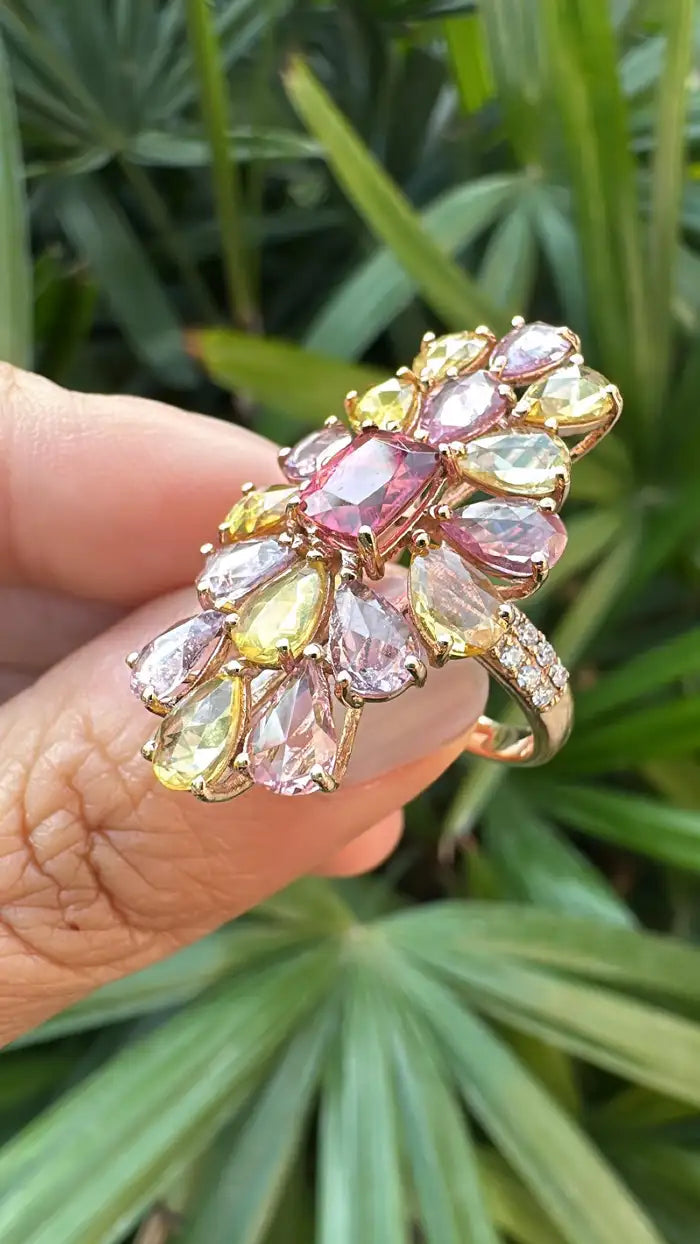 18k Rose Gold Diamond Cluster Ring - Natural Tourmaline & Multi Sapphire Cocktail Ring