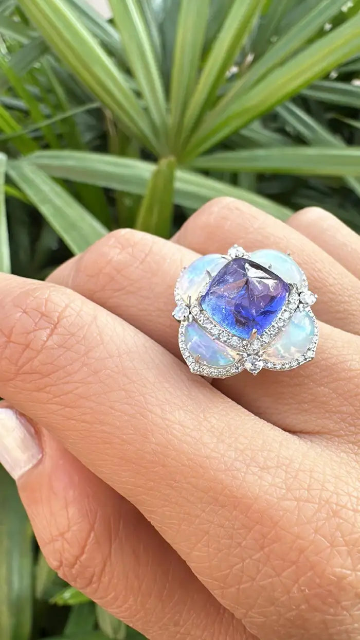 Ethiopian Opal & Tanzanite Gemstone Ring - 18k White Gold Diamond Cocktail Ring