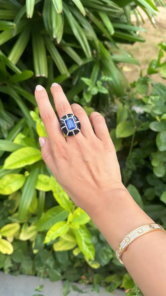 Natural Tanzanite & Black Onyx Gemstone Ring - 18k White Gold Handmade Ring - Pave Diamonds Ring