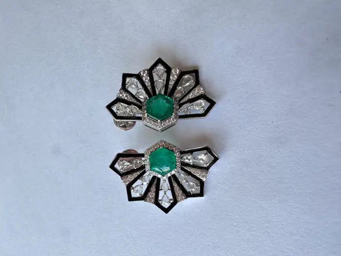 Natural Zambian Emerald Stud Earrings - 18k White Gold Diamond Earrings - Black Enamel & Diamond Earrings