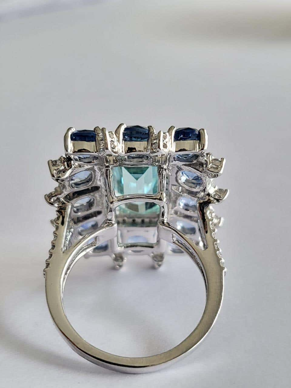 Elegant Aquamarine, Blue Sapphires & Diamonds Cocktail Ring