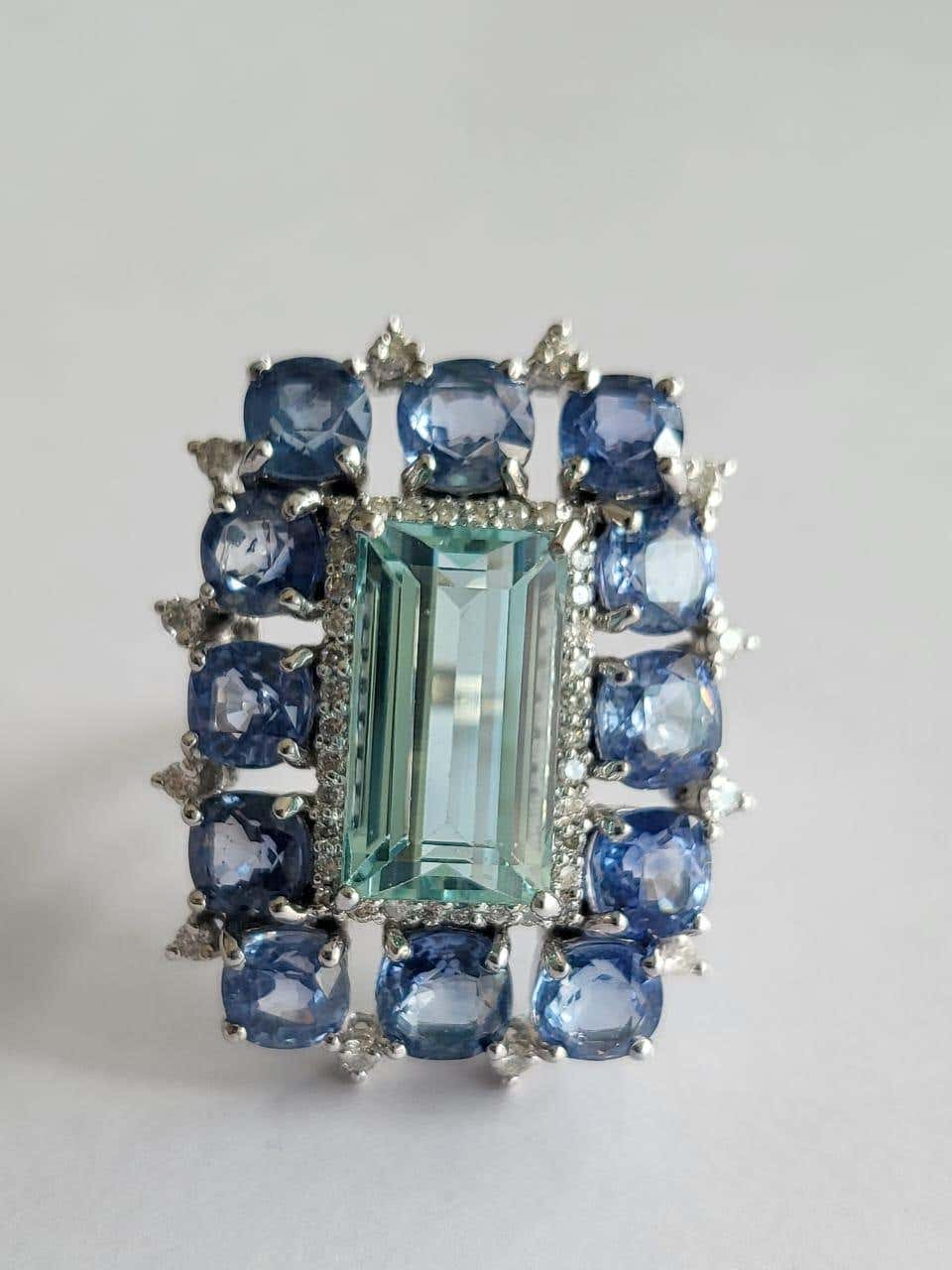Elegant Aquamarine, Blue Sapphires & Diamonds Cocktail Ring