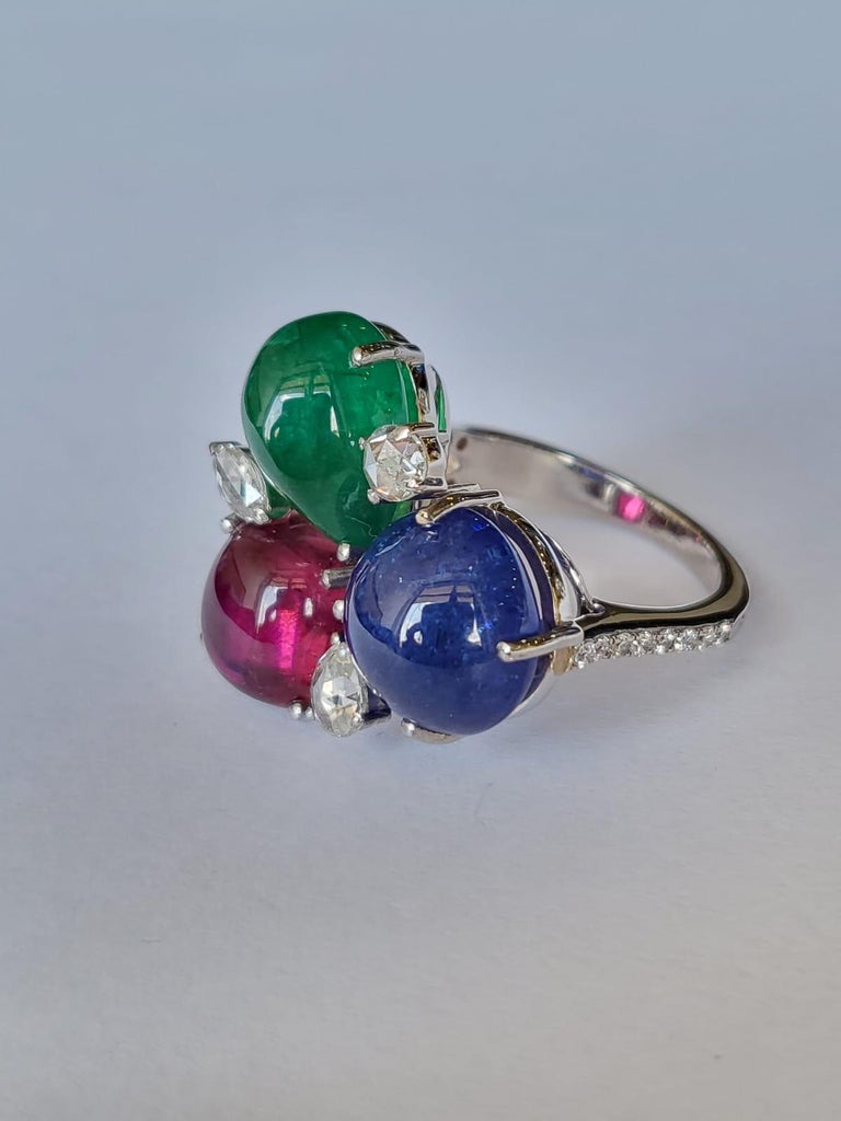 Emerald, Tanzanite, Tourmaline Cabochon & Rose Cut Diamonds Cocktail Ring