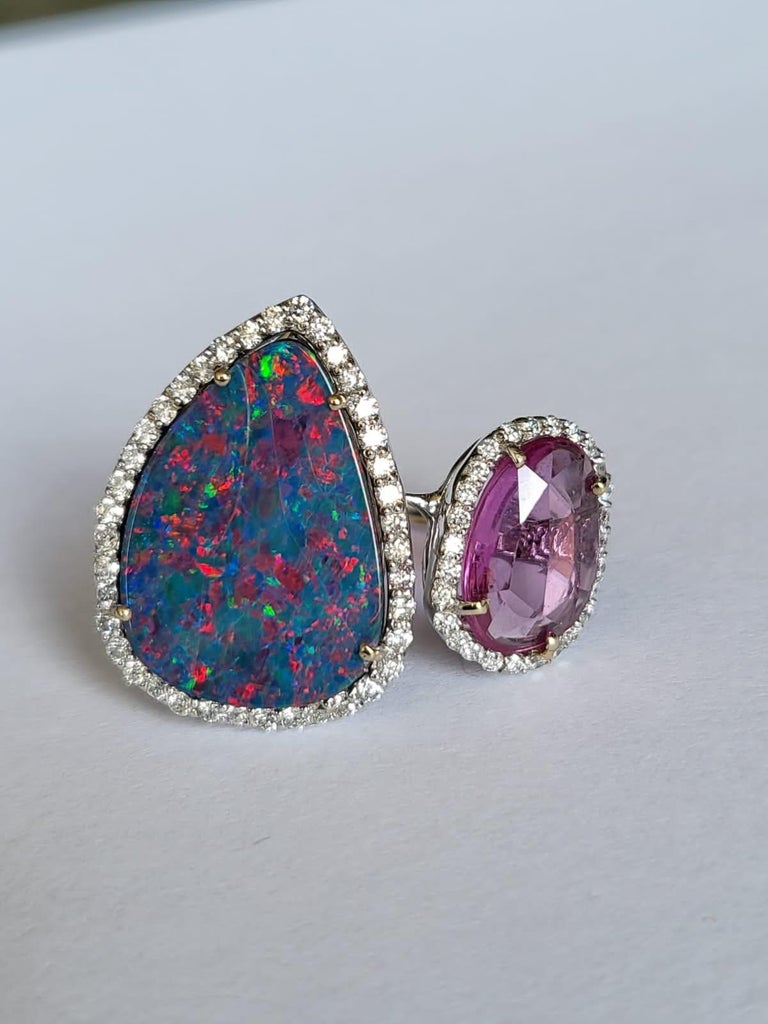 7.19 Carats, Australian Doublet Opal, Pink Sapphire & Diamonds Cocktail Ring