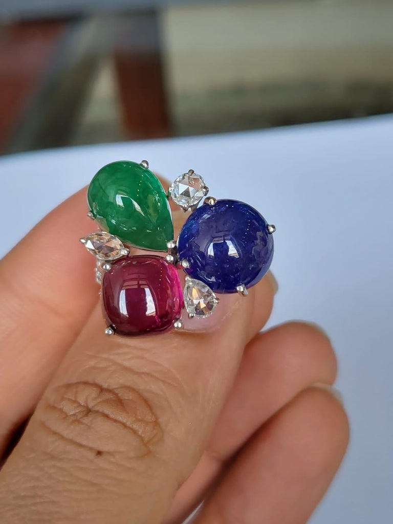 Emerald, Tanzanite, Tourmaline Cabochon & Rose Cut Diamonds Cocktail Ring