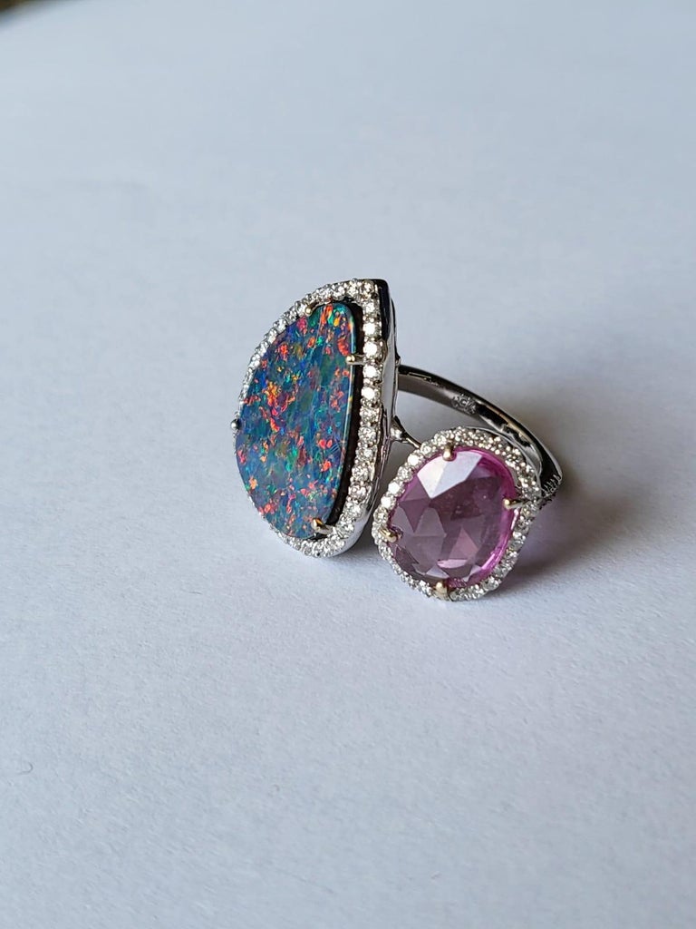 7.19 Carats, Australian Doublet Opal, Pink Sapphire & Diamonds Cocktail Ring