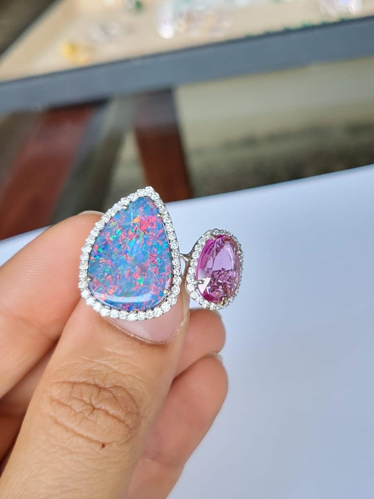 7.19 Carats, Australian Doublet Opal, Pink Sapphire & Diamonds Cocktail Ring